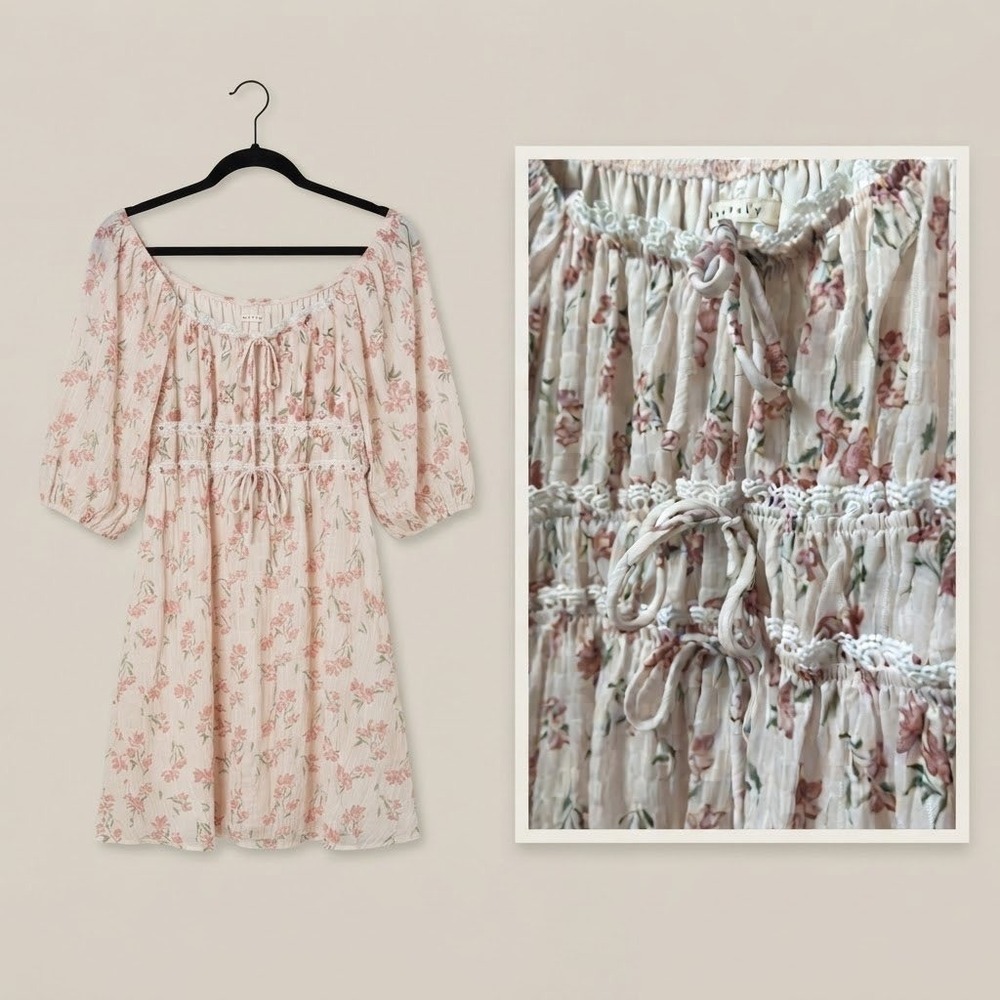 Pink Floral Lace Trim Smocked Empire Waist Puff Sleeve Mini Dress Large milkmaid